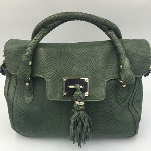 Elliott Lucca Green embossed snake print satchel
